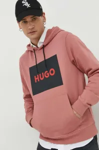 Bavlněná mikina HUGO pánská, růžová barva, s kapucí, s potiskem