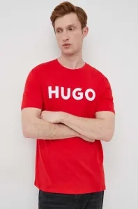 Bavlněné tričko HUGO červená barva, s potiskem