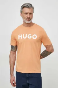 Bavlněné tričko HUGO oranžová barva, s potiskem