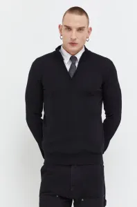Vlněný svetr HUGO pánský, černá barva, lehký, s pologolfem