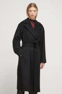 Vlněný kabát HUGO černá barva, přechodný