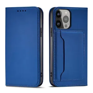 Hurtel Magnetové pouzdro na karty iPhone 14 Plus flip cover wallet stand blue