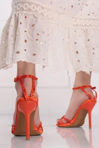 Oranžové sandály na tenkém podpatku s ozdobnými kamínky Lola
