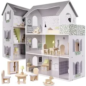 Dřevěný domeček pro panenky + nábytek 70 cm šedý