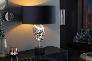 Estila Art deco stříbrná stolní lampa Uma s kovovou lebkou, černým kulatým stínítkem a mramorovou podstavou 56cm