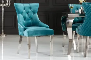 Estila Zámecká chesterfield židle Eleanor v tyrkysové barvě ze sametu 97cm
