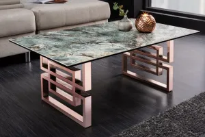 Estila Art-deco luxusní konferenční stolek Ariana s tyrkysovou deskou s mramorovým designem a růžově zlatou podstavou 100cm