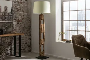 Estila Moderní designová stojací lampa Adelise v etno stylu s dřevěnou podstavou as bílým stínítkem 177cm