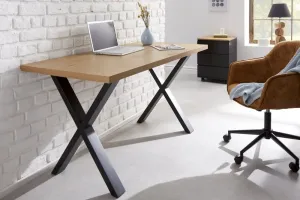 Estila Industriální kancelářský stůl Steele Craft ze dřeva s překříženýma černými nohami z kovu 140cm