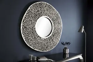 Estila Art-deco kulaté nástěnné zrcadlo Hoja z kovové slitiny ve stříbrné barvy 112cm
