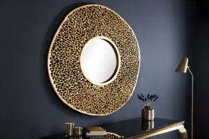 Estila Designové závěsné art-deco zrcadlo Hoja kulatého tvaru z kovové slitiny ve zlaté barvě 112cm