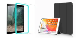 Trifold Smart Case - kryt se stojánkem pro iPad 9.7 (kromě iPad Pro 9.7) - černý + Ochranné tvrzené sklo s instalačním rámečkem