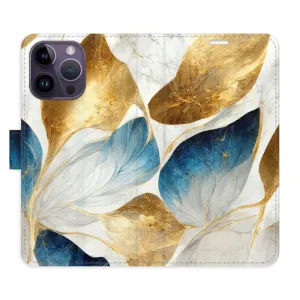 Flipové pouzdro iSaprio - GoldBlue Leaves - iPhone 14 Pro Max