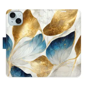 Flipové pouzdro iSaprio - GoldBlue Leaves - iPhone 15