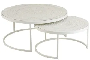 Set 2 bílých kovových stolků s ornamentovou deskou - Ø79*36 cm 1037