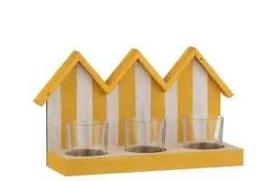 Dřevěný svícen žluto bílé plážové domečky se třemi skleněnými miskami na čajovou svíčku - 25,5*8,5*15 cm 2834