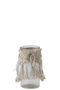 Skleněný svícen Macrame na čajovou svíčku s béžovými provázky a peříčky- Ø 10*20 cm 95905