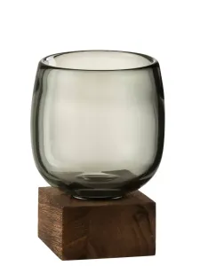 Skleněný svícen / váza na dřevěném podnosu - 10*10*14 cm 3734