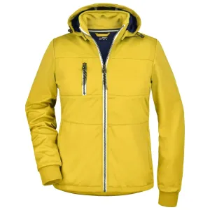 James & Nicholson Dámská sportovní softshellová bunda JN1077 - Slunečně žlutá / tmavě modrá / bílá | XL