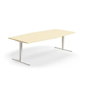 Jednací stůl QBUS, T-nohy, 2400x1200 mm, tvar člunu, bílá podnož, bříza