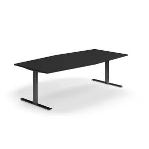 Jednací stůl QBUS, T-nohy, 2400x1200 mm, tvar člunu, černá podnož, černá