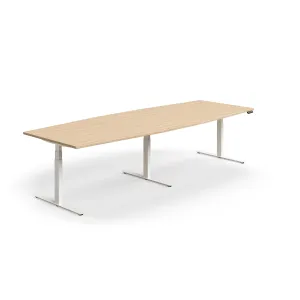 Jednací stůl QBUS, výškově nastavitelný, ve tvaru sudu, 3200x1200 mm, bílá podnož, dub