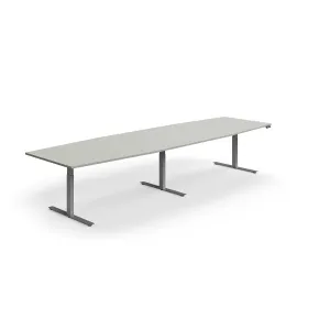 Jednací stůl QBUS, výškově nastavitelný, ve tvaru sudu, 4000x1200 mm, stříbrná podnož, světle šedá