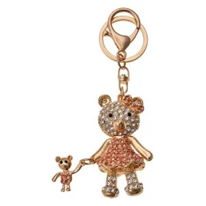 Přívěsek na klíče/ kabelku zlato-růžová medvědice s medvídětem a kamínky JZKC0129