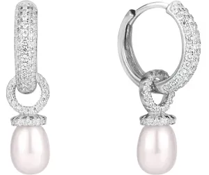 JwL Luxury Pearls Stříbrné multifunkční náušnice kroužky s pravou perlou a zirkony 2v1 JL0592