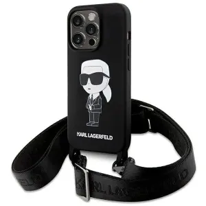 Karl Lagerfeld Liquid Silicone Crossbody Ikonik Zadní Kryt pro iPhone 15 Pro Black