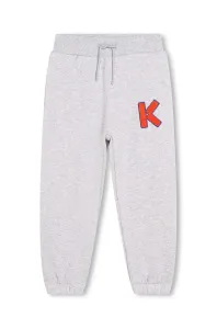Dětské bavlněné kalhoty Kenzo Kids šedá barva, s aplikací
