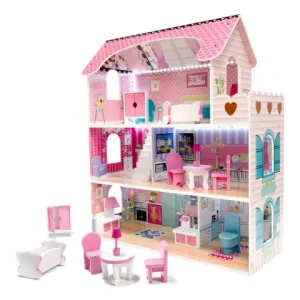 Dřevěný domeček pro panenky + nábytek 70 cm růžový LED