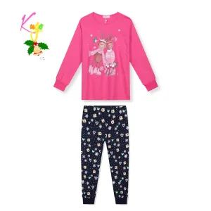 Dívčí pyžamo - KUGO MP3828, sytě růžová / tmavě modré kalhoty Barva: Růžová tmavší, Velikost: 146