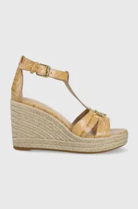 Kožené sandály Lauren Ralph Lauren Hale dámské, béžová barva, na klínku #4862084