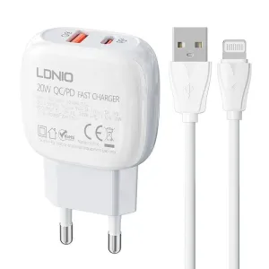 LDNIO A2313C USB, USB-C 20W síťová nabíječka + kabel USB na Lightning