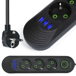 LED21 Prodlužovací SMART kabel - šňůra 2m se 3 síťovými a  3 USB zásuvkami, vypínač, černý