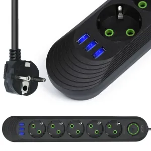 LED21 Prodlužovací smart kabel - šnůra 5 m se 5 síťovými a 3 USB zásuvkami, vypínač, černý