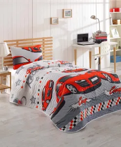 L'essentiel Dětský bavlněný přehoz přes postel a povlak na polštář Cars 160x220 cm červeno-šedý