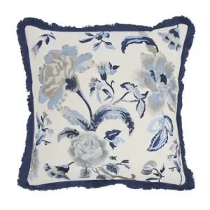 Bílo - modrý polštář s vyšívanými květy a třásněmi Bloom - 50*50 cm P840132