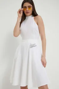 Šaty s příměsí lnu Love Moschino bílá barva, mini