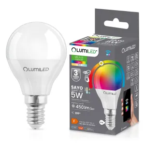 LED žárovka LED E14 P40 Koule 5W = 40W 450lm RGB CCT Stmívatelná inteligentní TUYA WiFi SMART SAYO LUMILED
