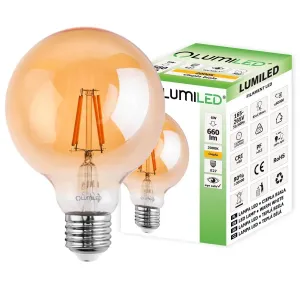 LED žárovka E27 G95 6W = 50W 660lm 2200K Teplá bílá 360° Filament LUMILED Globe Amber
