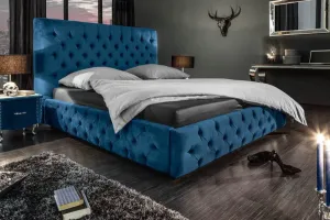Estila Moderní čalouněná modrá manželská postel Kreon s Chesterfield prošíváním na matraci 160x200cm