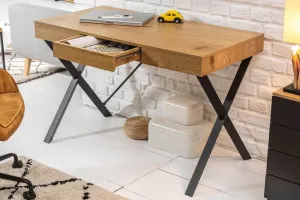 Estila Industriální hnědý designový pracovní stůl Westford na černých nohách se zásuvkou 110cm
