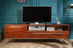 Estila Art-deco TV stolek Alyr z masivního dřeva se zlatými prvky 165cm