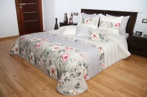 Smetanový přehoz na postel s motivem bílých a růžových růží #4774276