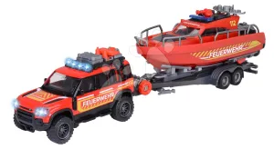 Autíčko hasičské s přívěsem a lodí Land Rover Fire Rescue Majorette kovové se zvukem a světlem délka 33,5 cm #5264647