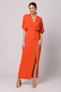 Tmavě oranžové dlouhé šaty s rozparkem K163