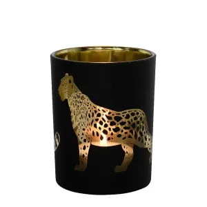 Černo zlatý skleněný svícen s jaguárem L - 10*10*12cm XMWLJZL