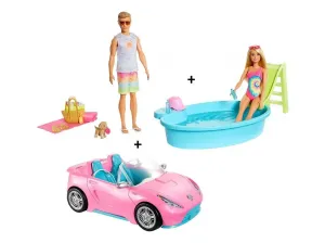 Mattel Barbie GJB71 Elegantní kabriolet + Barbie, bazén se skluzavkou a Ken
